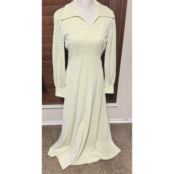 Vintage Maxi Dress 70s Yellow Polka Dot Homemade Prom Dagger Collar Mod Sz S - Picture 1 of 11